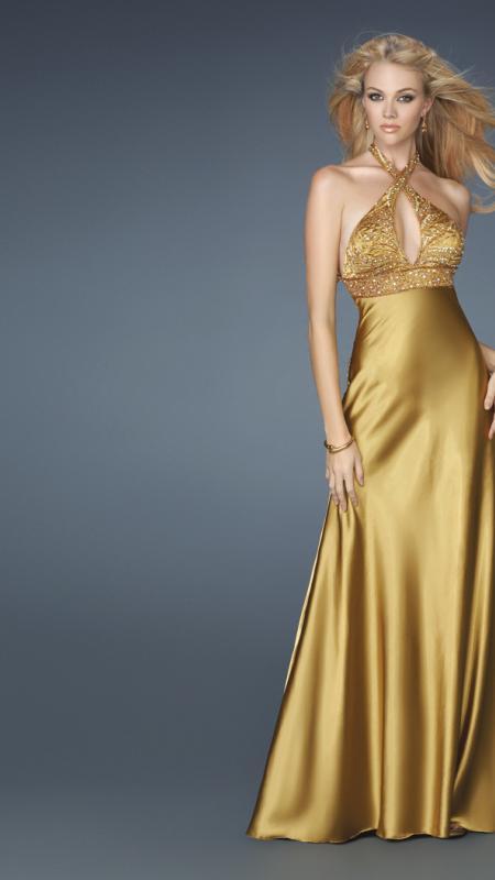 La Femme - Gorgeous Beaded Halter Neck A-Line Dress 13704 in Gold