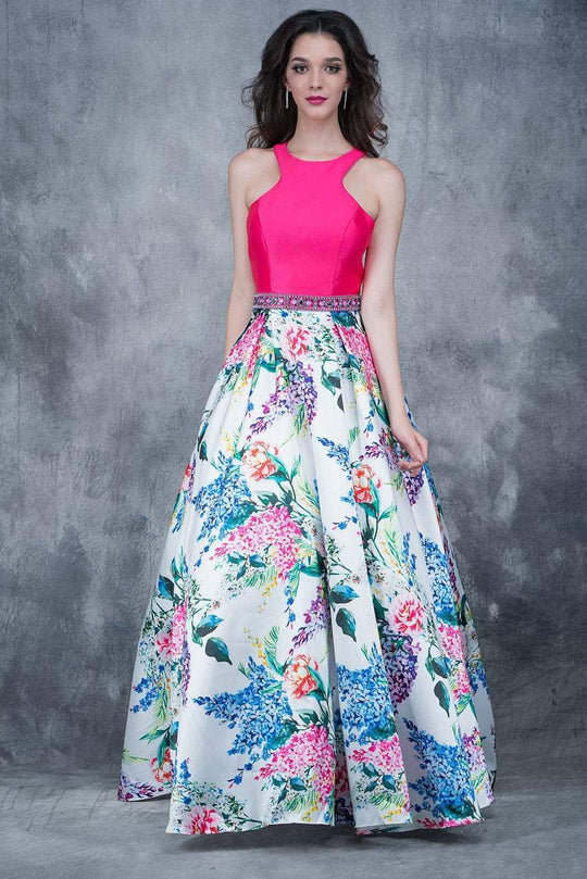 Nina Canacci - 1370 Multi-Colored Printed Halter A-line Dress In Pink and Print