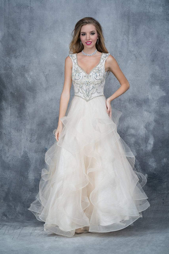 Nina Canacci - 1373 Bejeweled V-neck A-line Dress In Neutral