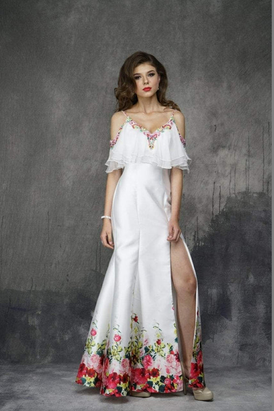 Nina Canacci - 1374 Multi-Colored Printed V-neck Sheath Dress In White and Print