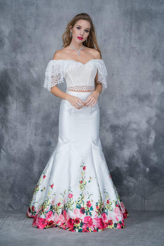 Nina Canacci - 1380 Two Piece Lace and Floral Printed Mermaid Dress In White and Print