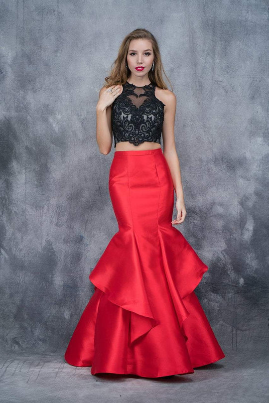 Nina Canacci - 1382 Two Piece Two Tone Embroidered Mermaid Dress In Black and Red