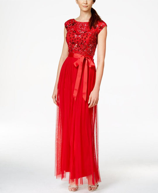 Patra - Embellished Bateau Neck A-Line Dress 13837 in Red