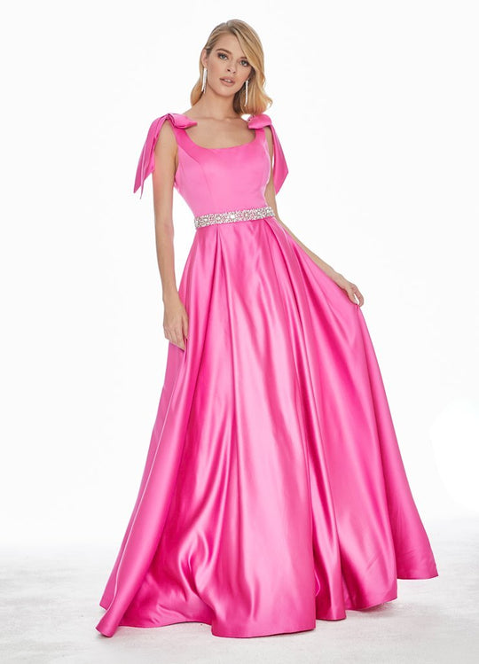 Ashley Lauren - 1383 Bow Accent Shoulder V Back A-Line Satin Gown In Pink