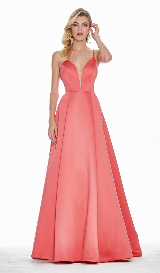 Ashley Lauren - 1384 Illusion Plunging V Neck Satin Gown In Pink and Orange