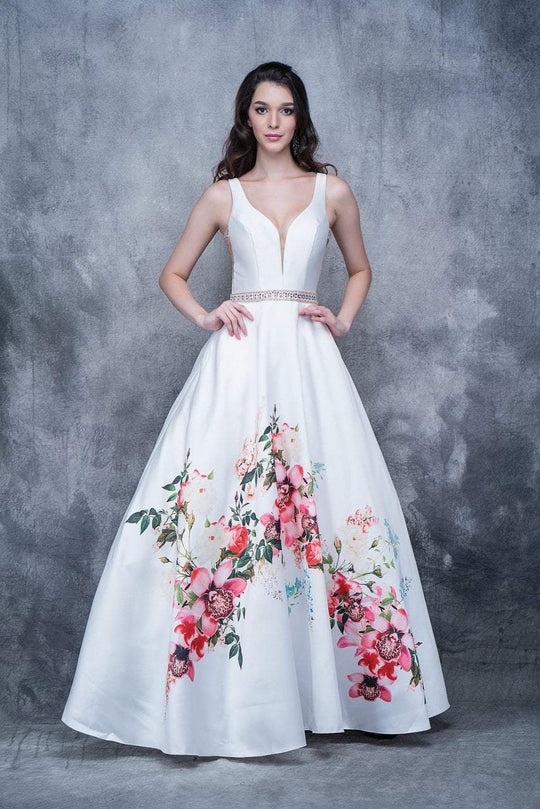 Nina Canacci - 1385 Plunging V-Neck Floral Accent Ballgown In White and Print