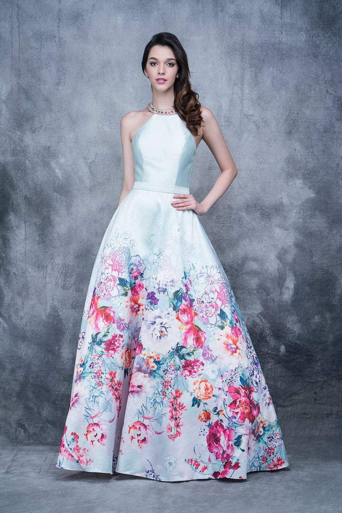 Nina Canacci - 1386 Beaded Halter Neck Floral Ballgown In Print and Floral