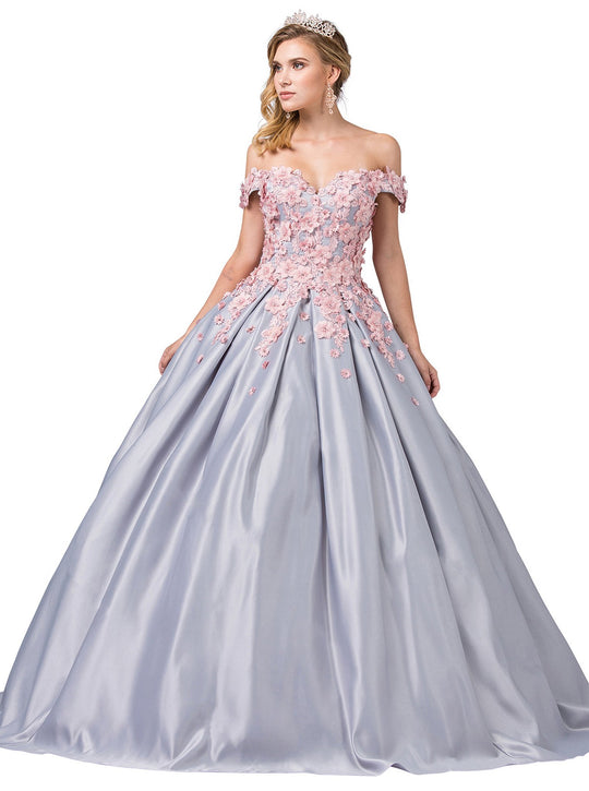 Dancing Queen - 1388 Floral Applique Off-Shoulder Ballgown With Train In Silver and Pink