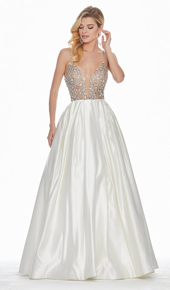 Ashley Lauren - 1389 Crystal Beaded V-Neck Satin Gown In White
