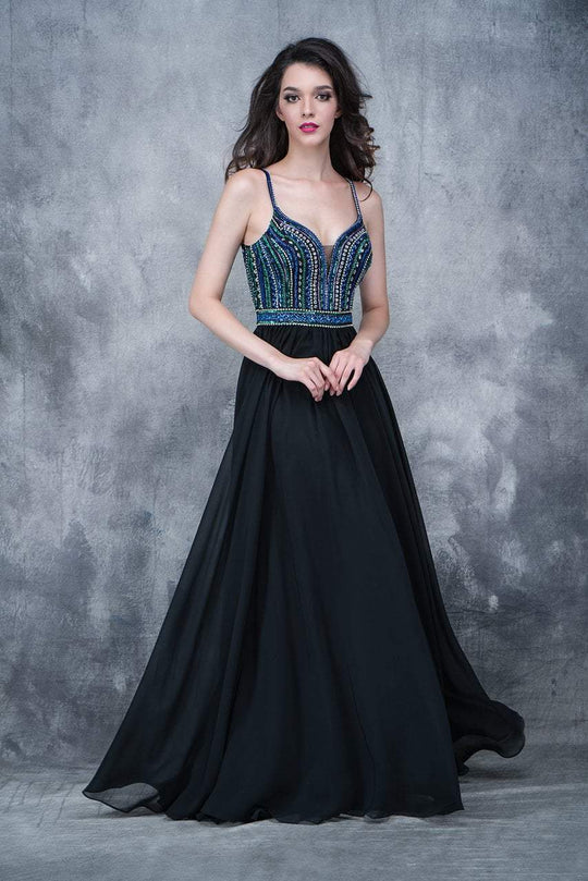 Nina Canacci - 1390 Spaghetti Straps Beaded A-line Gown In Black and Multi-Color