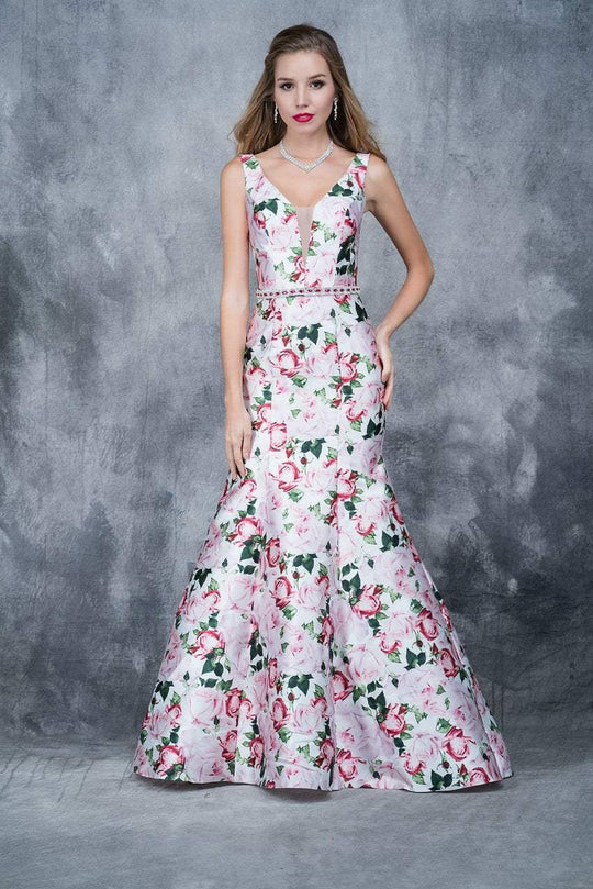Nina Canacci - 1393 Floral Print Deep V-neck Mermaid Dress In White and Print