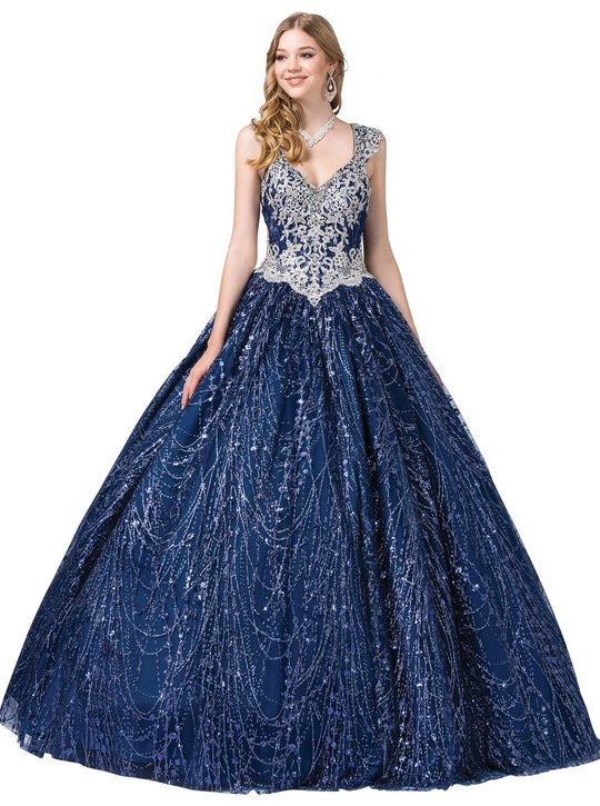 Dancing Queen - 1396 Embellished Plunging V-neck Ballgown In Blue