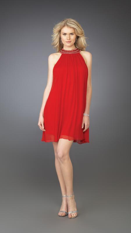 La Femme - Flirty Pleated Halter A-Line Dress 13963 in Red