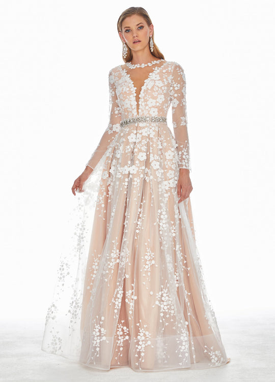 Ashley Lauren - 1396 Embroidered Long Sleeve Bateau A-line Dress In White and Neutral
