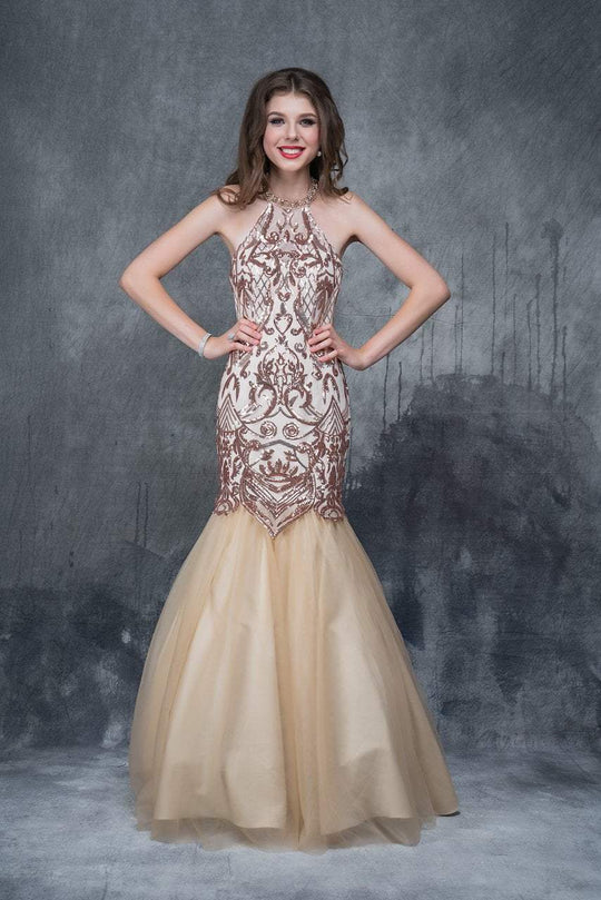 Nina Canacci - 1398 Sequined Halter Neck Mermaid Gown In Gold