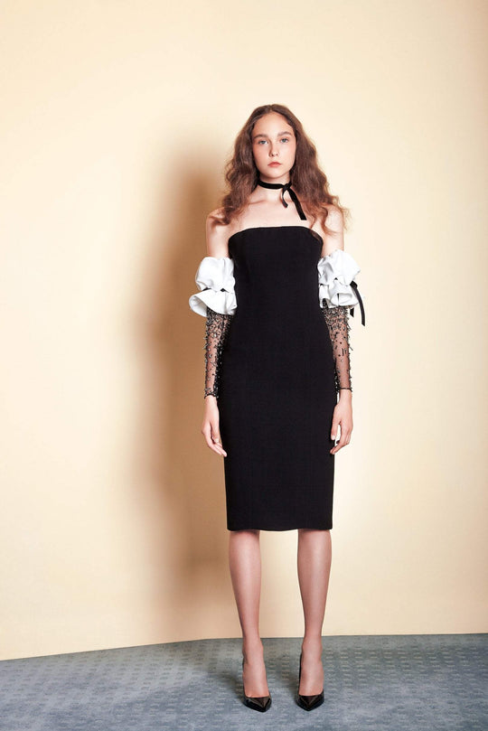 Saiid Kobeisy - Pre-Fall19-13 Beaded Sleeve Knee Length Sheath Dress In Black