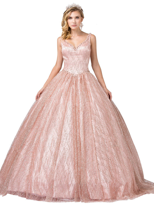 Dancing Queen - 1400 Ornate Plunging V-neck Ballgown In Pink and Gold