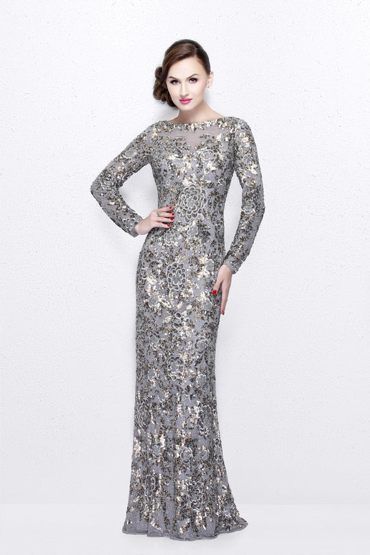 Primavera Couture - Long Sleeve Luxurious Floral Sequined Long Sheath Gown  1401 in Gray and Silver