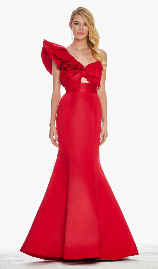 Ashley Lauren - 1401 One Shoulder Ruffle Satin Mermaid Dress In Red