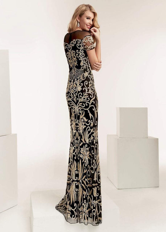 Jasz Couture - 1402 Gilded Illusion Neck Sheath Dress In Black and Gold