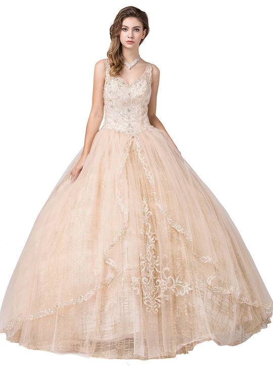 Dancing Queen - 1403 Embellished V-neck Basque Ballgown In Neutral