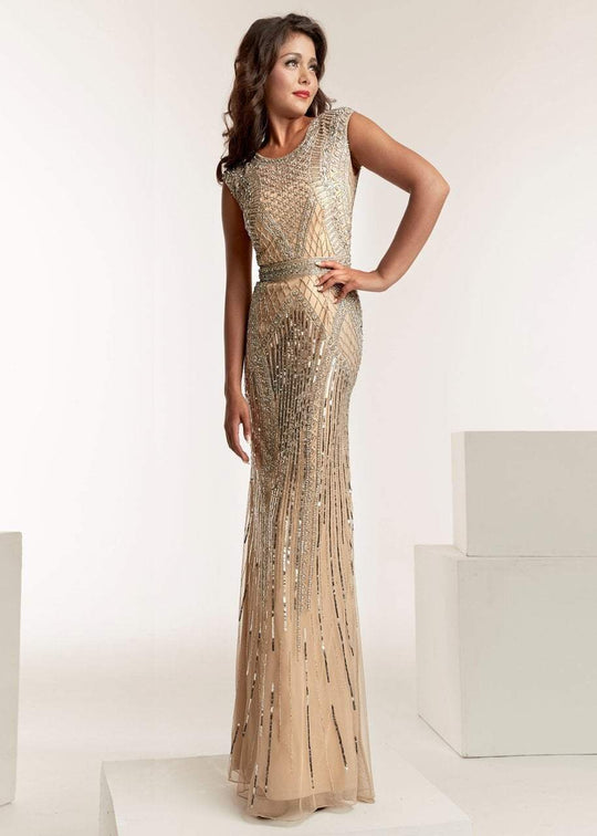 Jasz Couture - 1404 Embellished Bateau Sheath Dress In Neutral