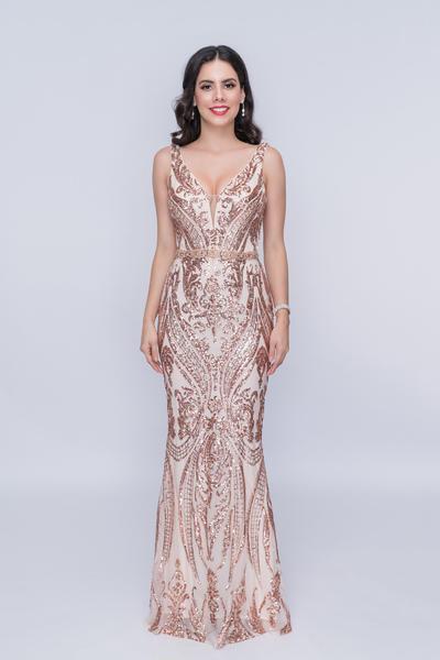 Nina Canacci - 1468 Plunging V Neck Sequined Evening Dress In Gold