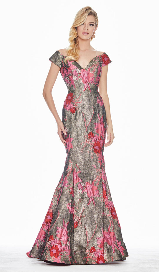 Ashley Lauren - 1411 Cap Sleeve Off Shoulder Metallic Floral Gown In Pink and Multi-Color