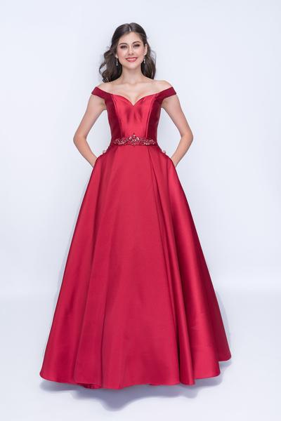 Nina Canacci - 1418-1 Bead Embellished Off-Shoulder Ballgown In Red