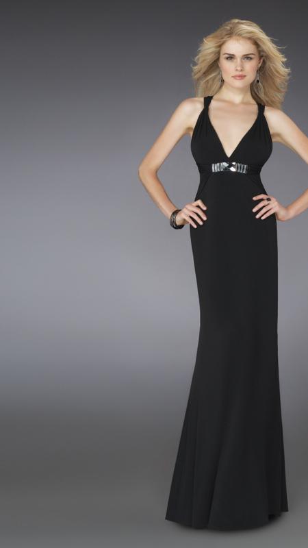 La Femme - Stunning V-neck Evening Dress with Jeweled Waist 14180 in Black