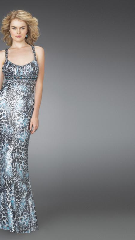 La Femme - 14185 Scoop Neck Printed Column Evening Dress In Blue and Silver