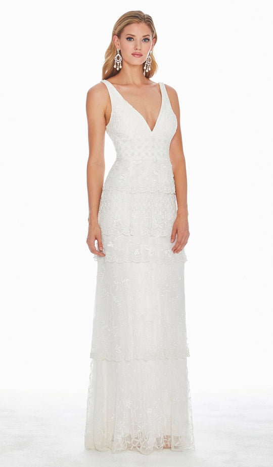 Ashley Lauren - 1422 Beaded Tiered Plunging V-Neck Dress In White
