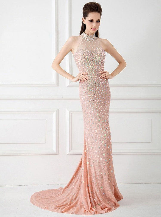 Angela & Alison - 41053 Illusion High Halter Sheath Dress In Pink