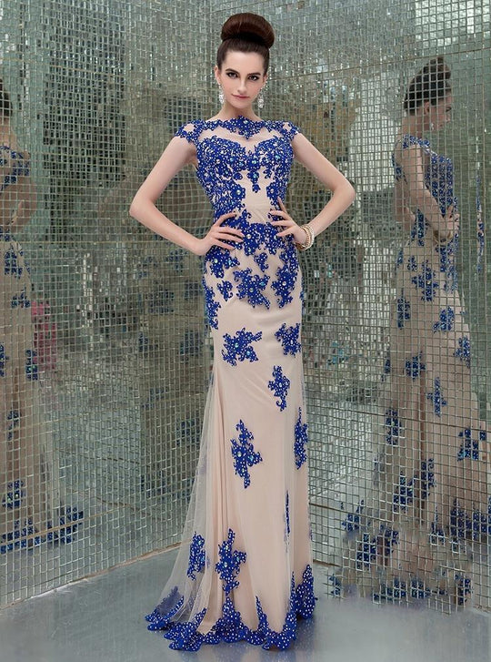 Angela and Alison Cap Sleeve Lace Sheath Long Gown 41082 in Blue