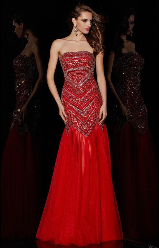 Angela & Alison - 51098 Sequined Straight Across Neck Trumpet Dress In Red