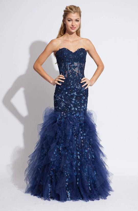 Jovani - Beaded Lace Sweetheart Dress in Blue