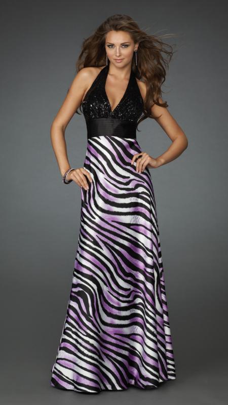 La Femme - 14257 Sleeveless Plunging Printed Long Gown in Purple