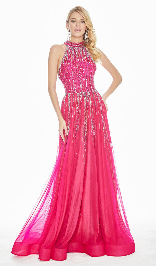 Ashley Lauren - 1426 Sequin Embellished High Halter Gown In Silver and Pink
