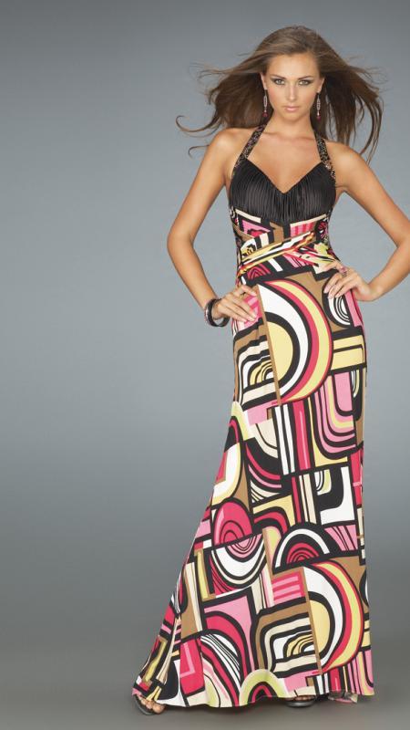 La Femme - Long Halter Printed Dress 14283 In Multi-Color