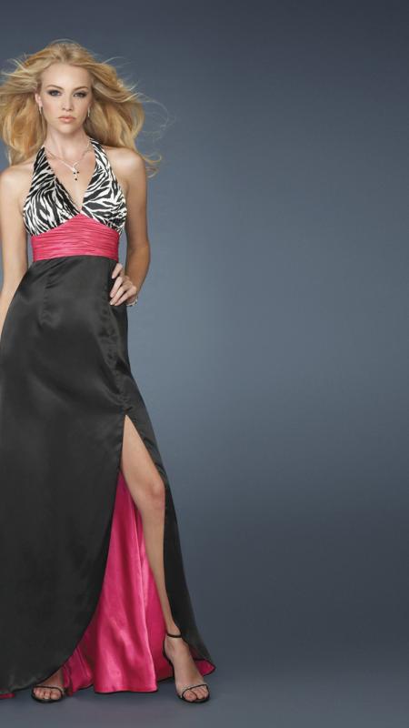 La Femme - Halter Printed Open Back Dress 14308 in Black and Pink