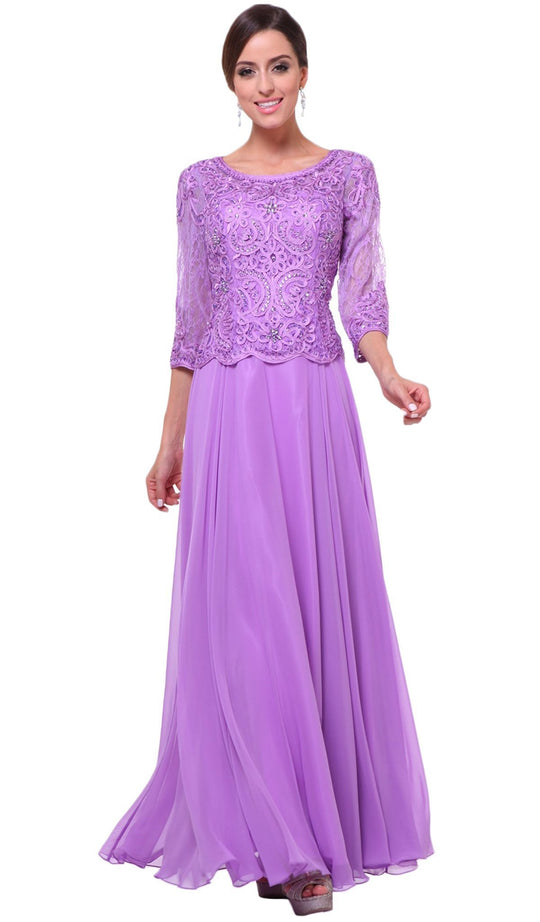 Cinderella Divine - 14327 Quarter Sleeve Soutache Bodice A-Line Long Formal Dress