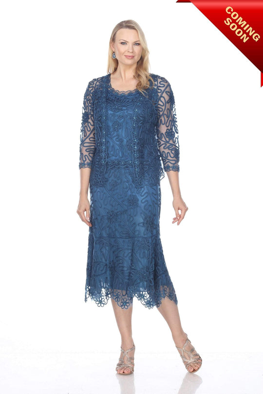 Soulmates - 7346 Soulmates Soutache 3pc T-Length Lace Evening Dress Suit in Blue