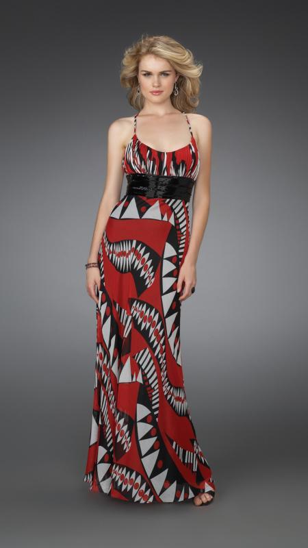 La Femme - Long Printed Dress with Pleated Waistband 14359 In Red