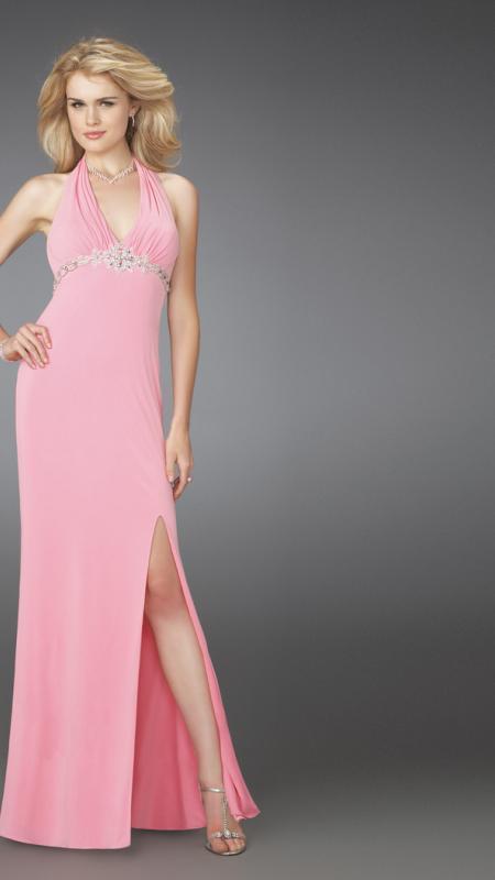 La Femme - 14389 Rhinestone Embellished Empire Waistline Evening Dress In Pink