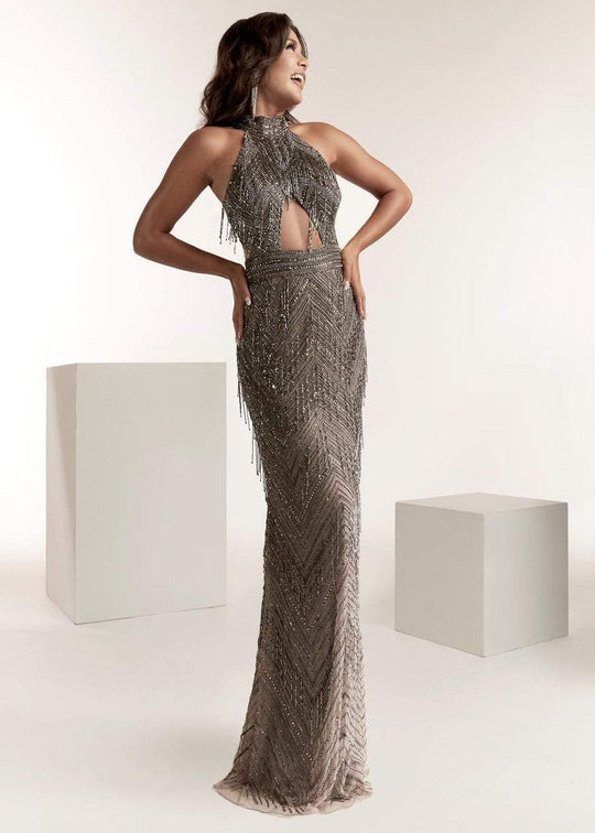 Jasz Couture - 1438 Beaded High Halter Sheath Dress With Cutouts In Gray
