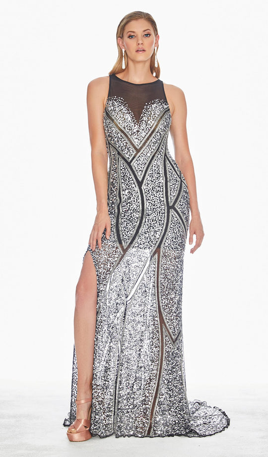 Ashley Lauren - 1438 Beaded Sequin Evening Gown with Slit In Silver and Black