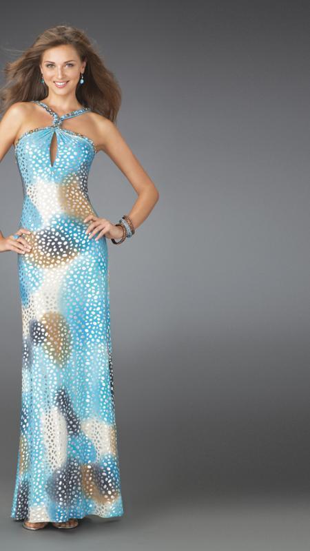 La Femme - 14401 Printed Halter Neck Column Evening Dress In Blue and Brown