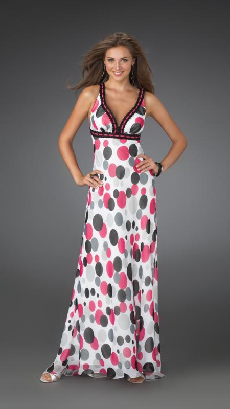 La Femme - Long Printed Dress with Criss Cross Back 14403 In Pink