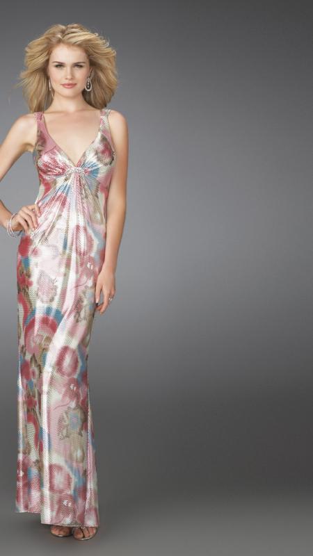 La Femme - Long Printed Dress with Criss Cross Back 14441 in Pink and Multi-Color