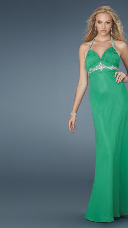 La Femme - Long Haltered Gown with Beaded Straps 14452 in Green
